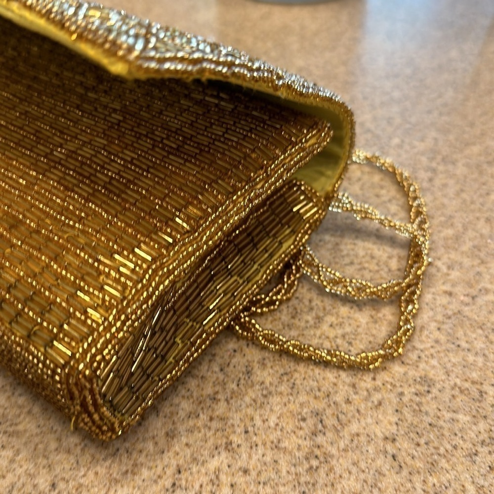 Vintage 1960 Art Deco/Nouveau Gold/yellow hand Beaded evening purse/bag - Picture 7 of 11